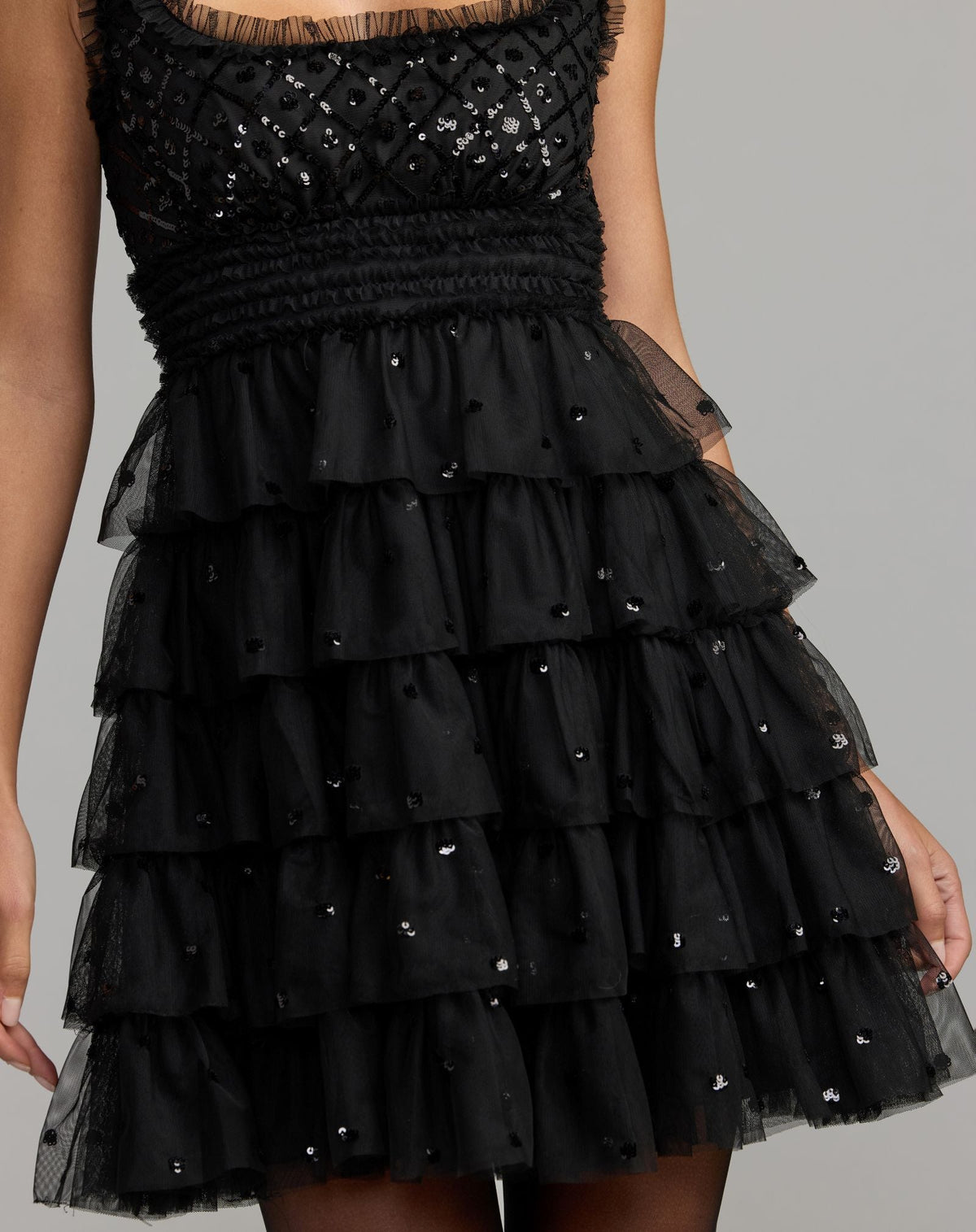 Black Sleeveless Sequin Tiered Ruffle Mini Dress  - Designer Collection