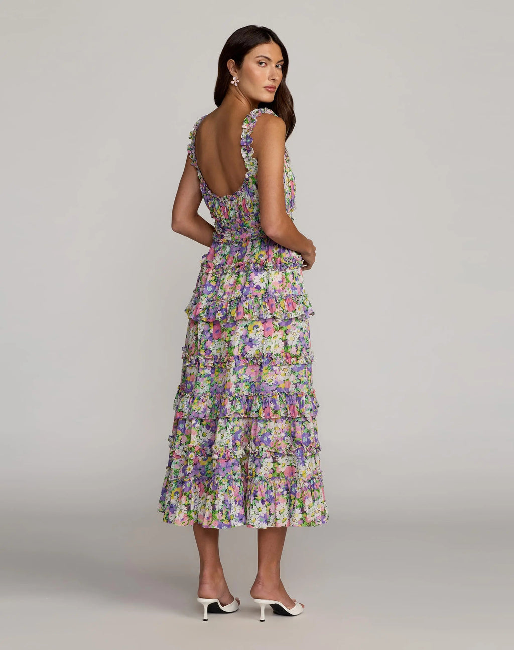 Multicolor Floral Ruffle A-Line Cotton Midi Dress Designer Collection