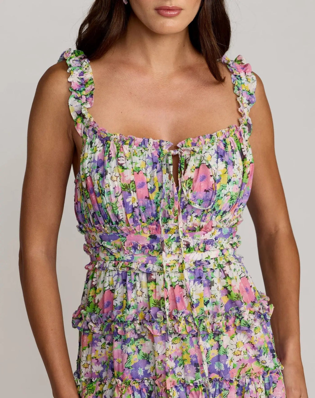 Multicolor Floral Ruffle A-Line Cotton Midi Dress Designer Collection