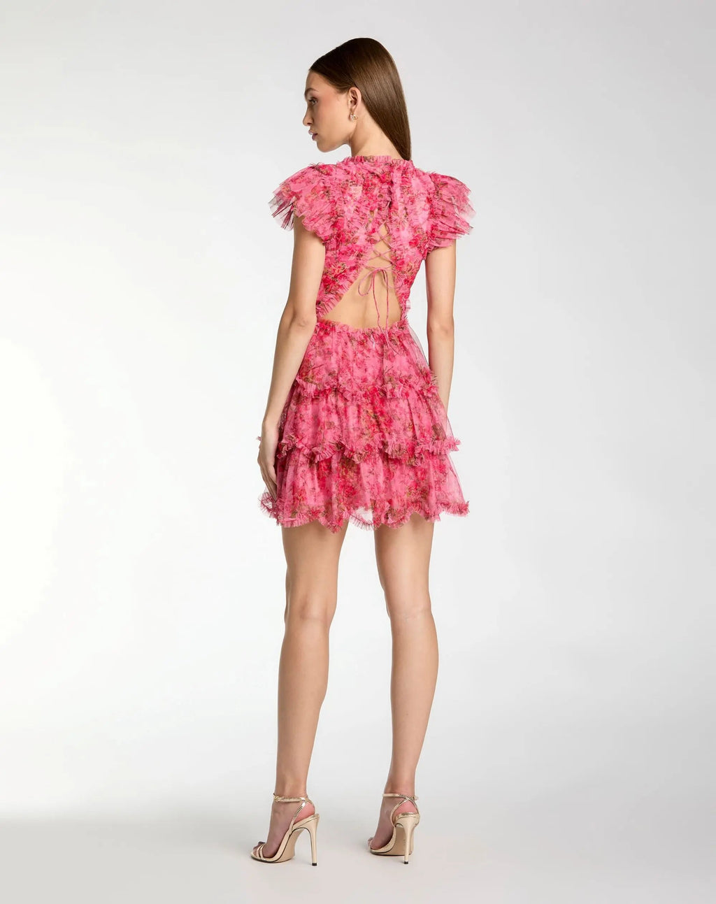 Pink Floral High Neck Cap Sleeve Ruffle Mini Dress - Designer Collection