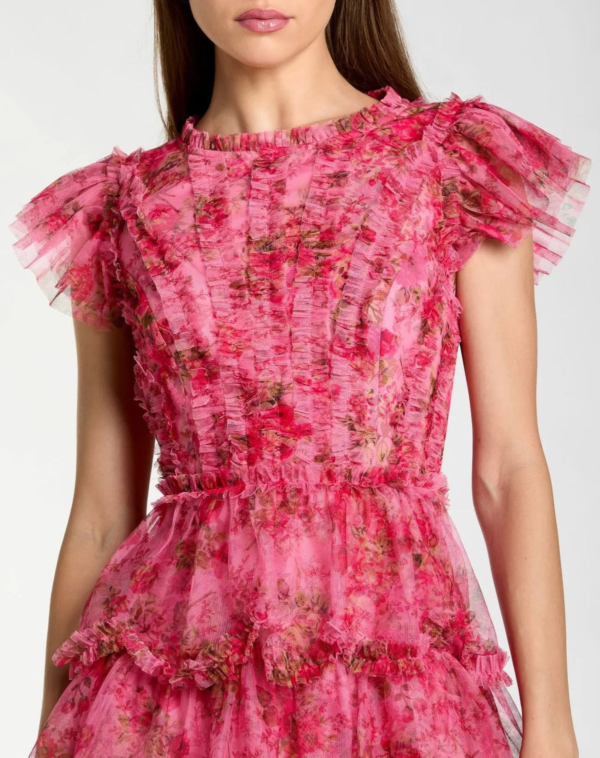 Pink Floral High Neck Cap Sleeve Ruffle Mini Dress - Designer Collection