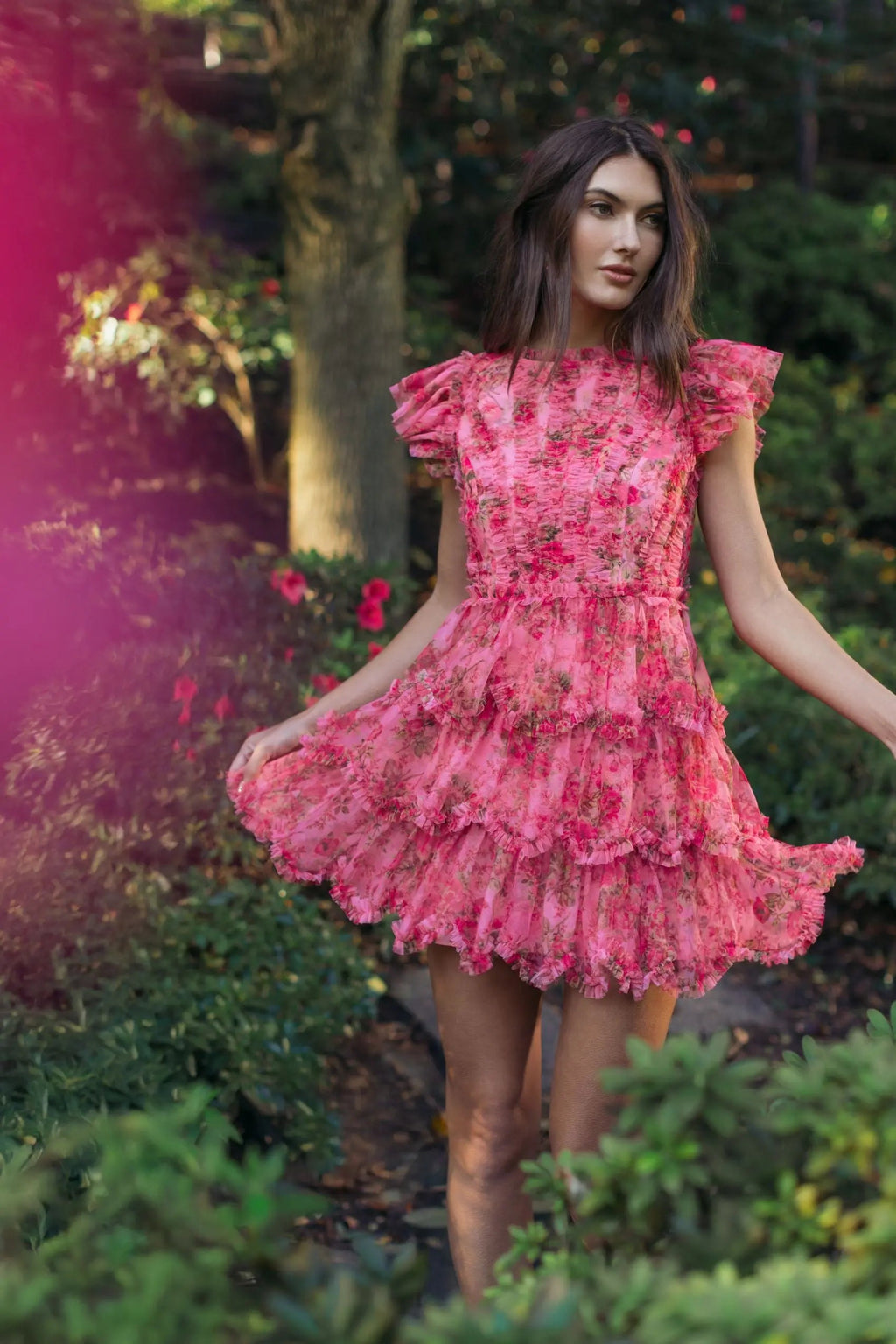 Pink Floral High Neck Cap Sleeve Ruffle Mini Dress - Designer Collection