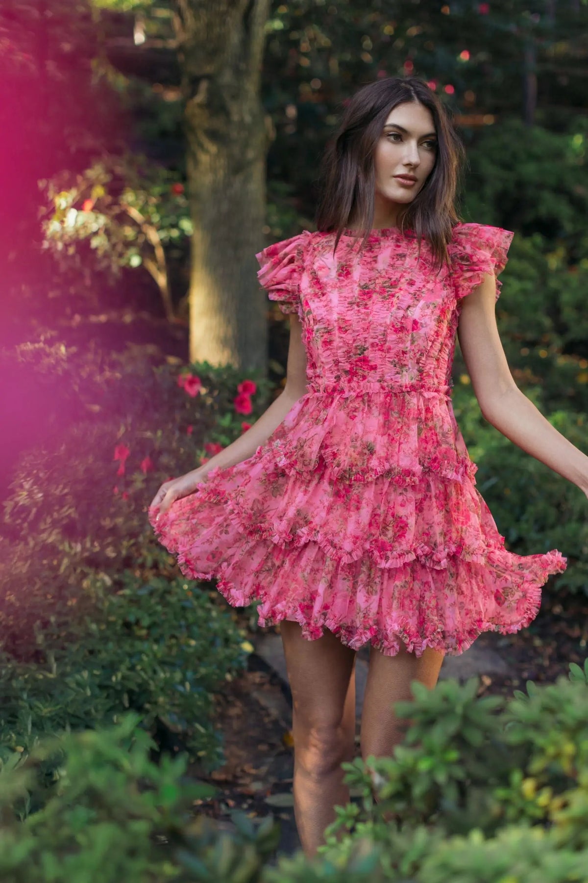 Pink Floral High Neck Cap Sleeve Ruffle Mini Dress - Designer Collection