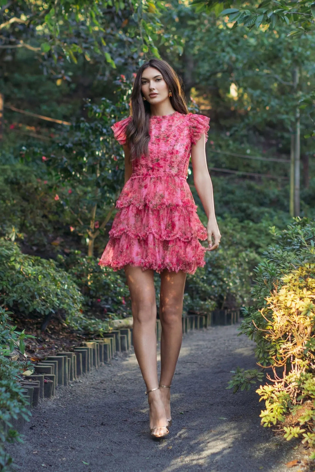 Pink Floral High Neck Cap Sleeve Ruffle Mini Dress - Designer Collection