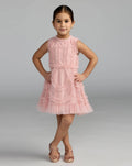 Girls Pink High Neck Sleeveless Micro Ruffle Mini Dress - Designer Collection