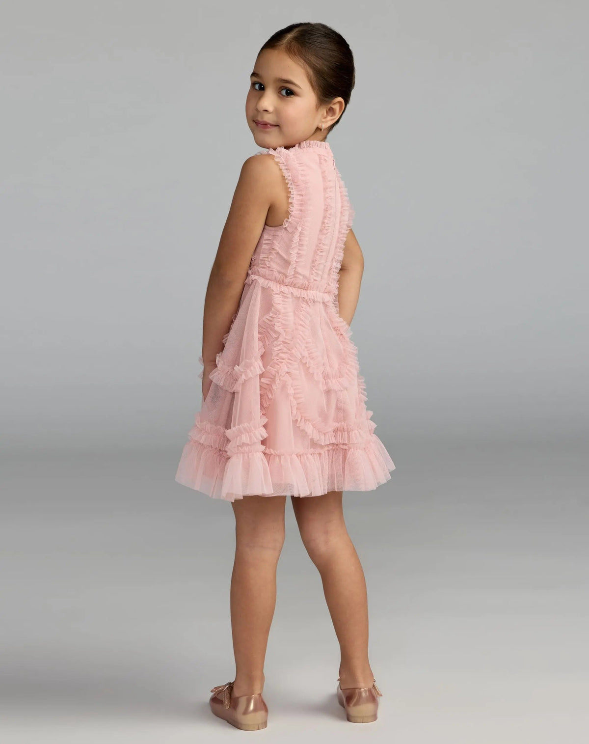Girls Pink High Neck Sleeveless Micro Ruffle Mini Dress - Designer Collection