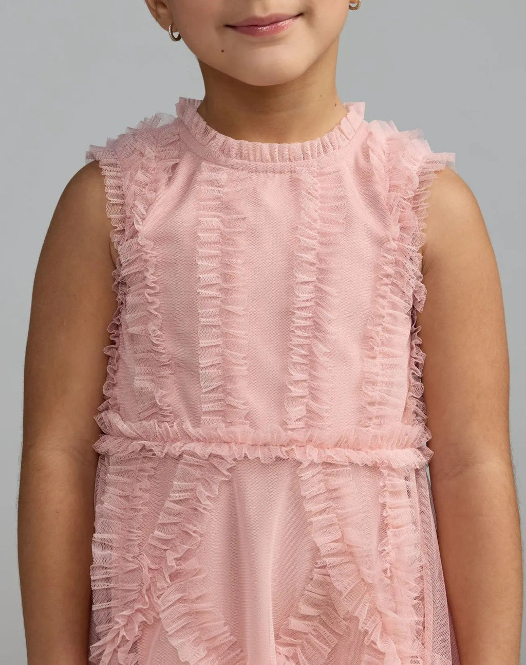 Girls Pink High Neck Sleeveless Micro Ruffle Mini Dress - Designer Collection