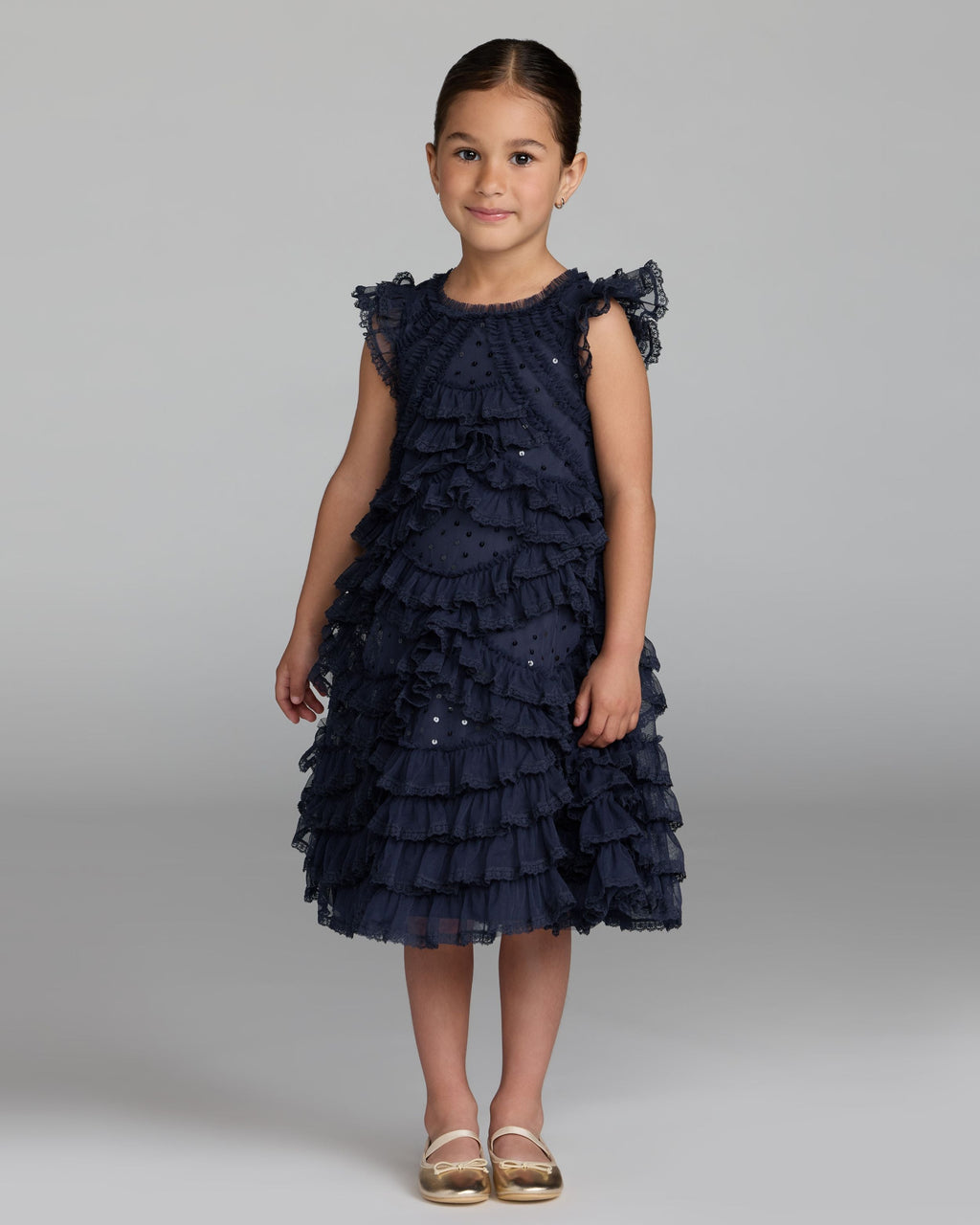 Girls Navy High Neck Cap Sleeve Micro Ruffle Dress Designer Collection