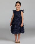 Girls Navy High Neck Cap Sleeve Micro Ruffle Dress Designer Collection