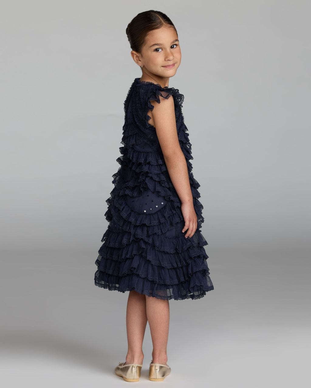 Girls Navy High Neck Cap Sleeve Micro Ruffle Dress Designer Collection