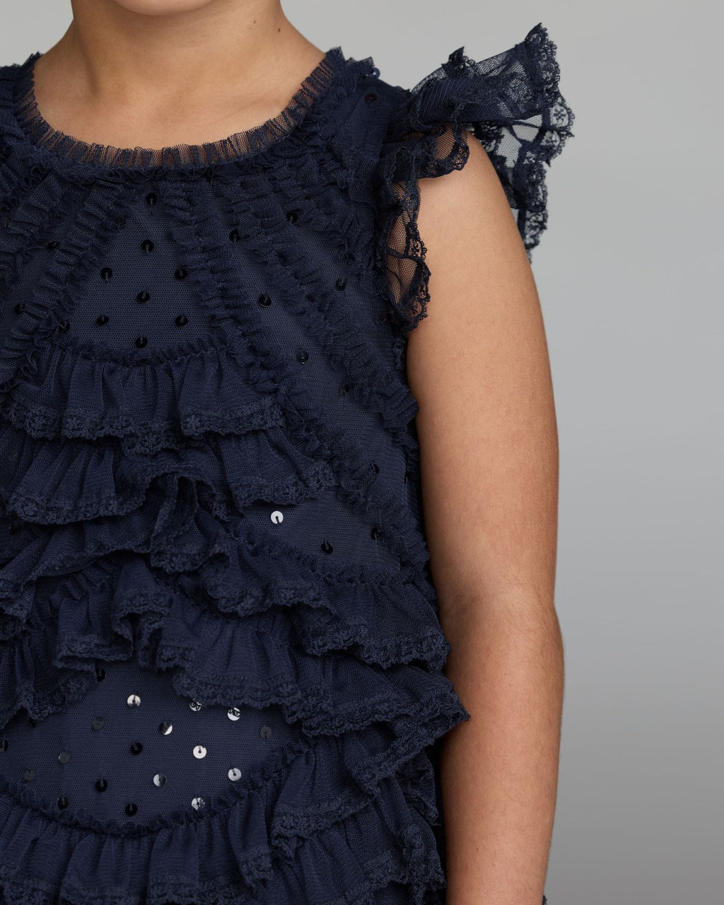 Girls Navy High Neck Cap Sleeve Micro Ruffle Dress Designer Collection
