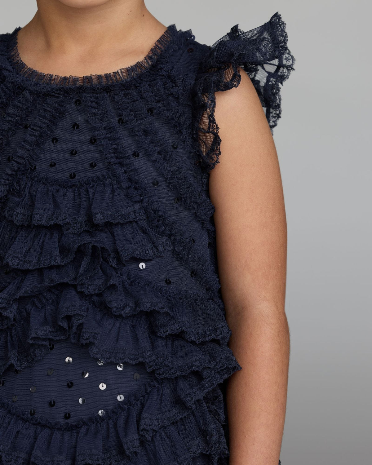 Girls Navy High Neck Cap Sleeve Micro Ruffle Dress Designer Collection