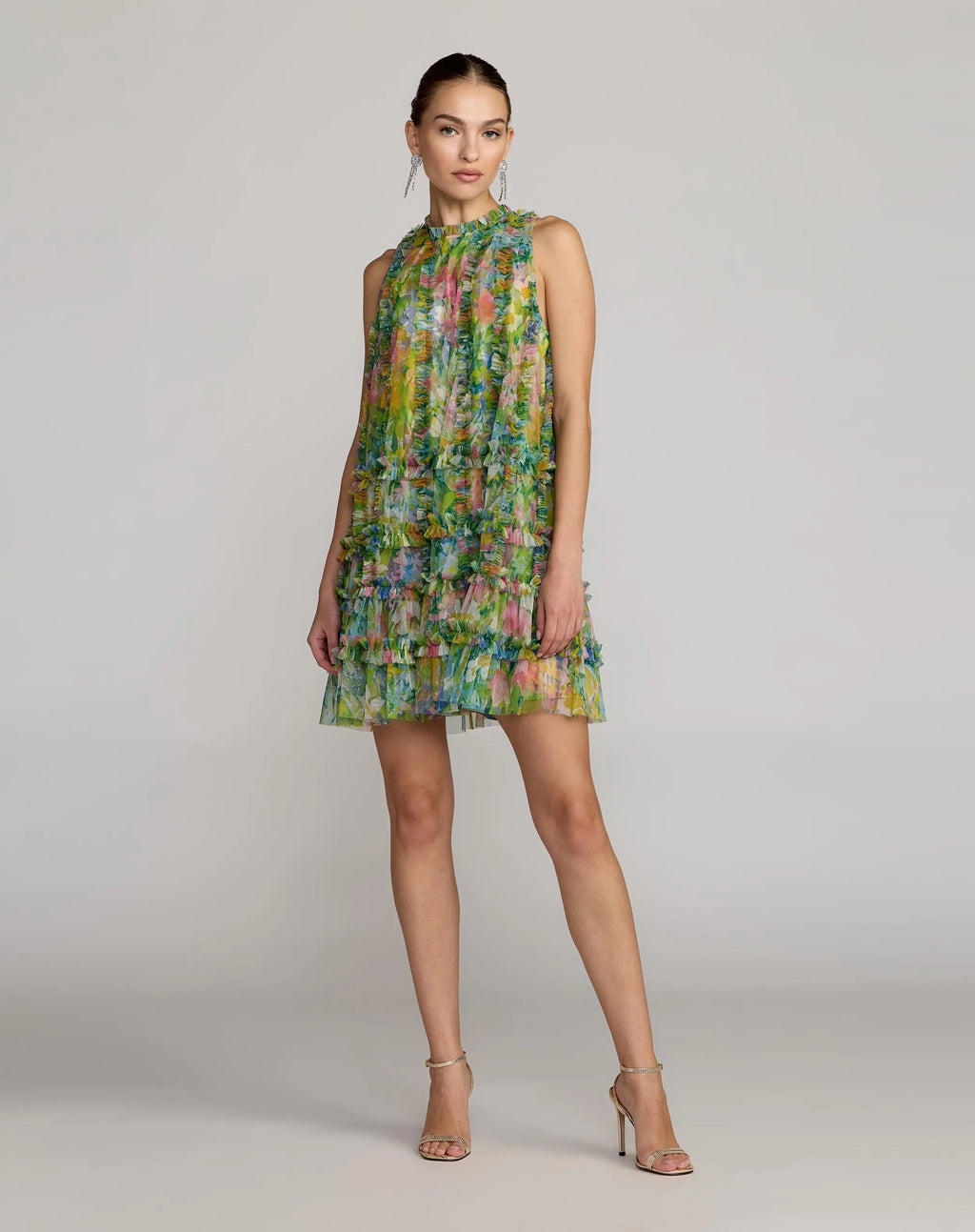 Green Printed Sleeveless High Neck Ruffle Mini Dress Designer Collection