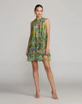 Green Printed Sleeveless High Neck Ruffle Mini Dress Designer Collection