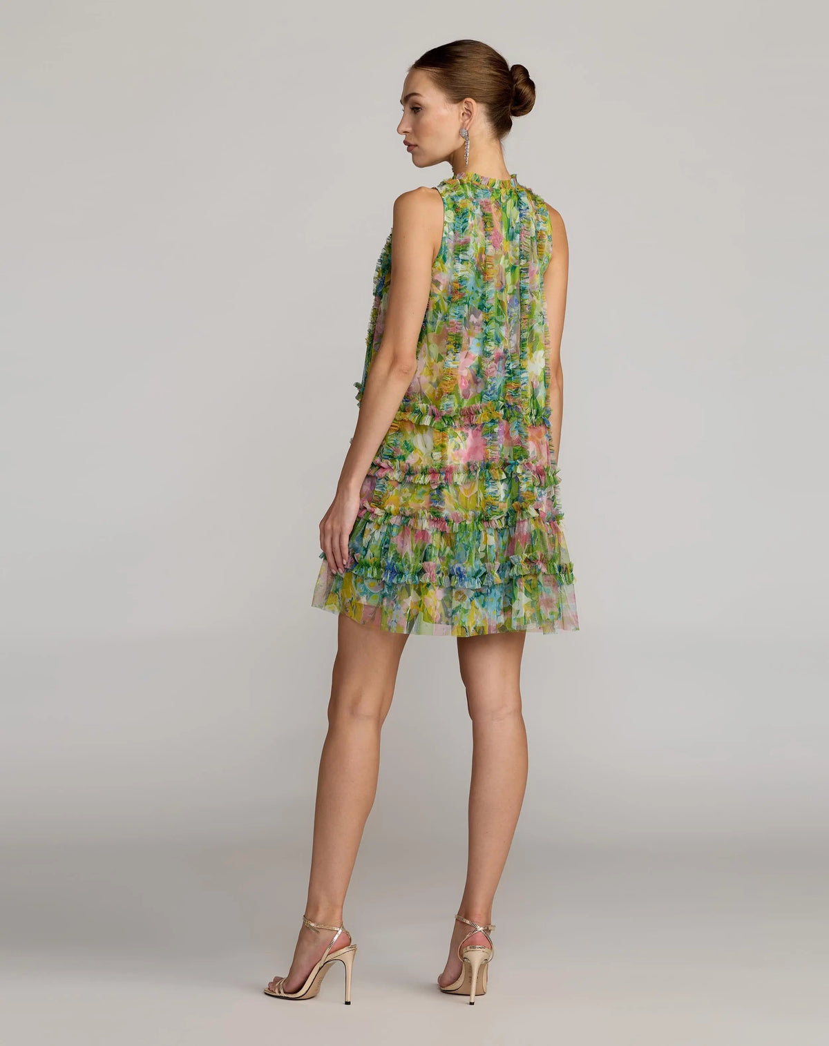 Green Printed Sleeveless High Neck Ruffle Mini Dress Designer Collection