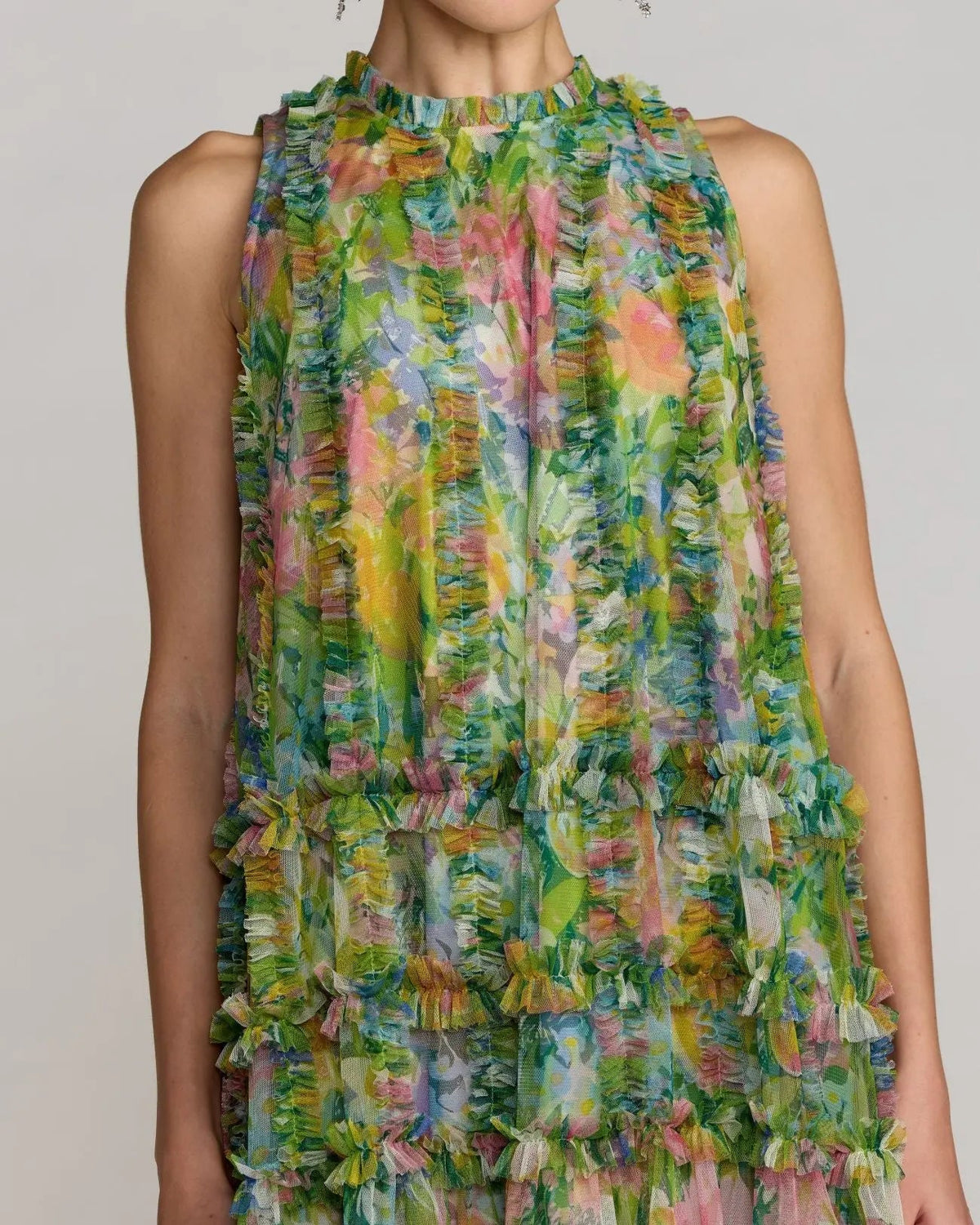Green Printed Sleeveless High Neck Ruffle Mini Dress Designer Collection