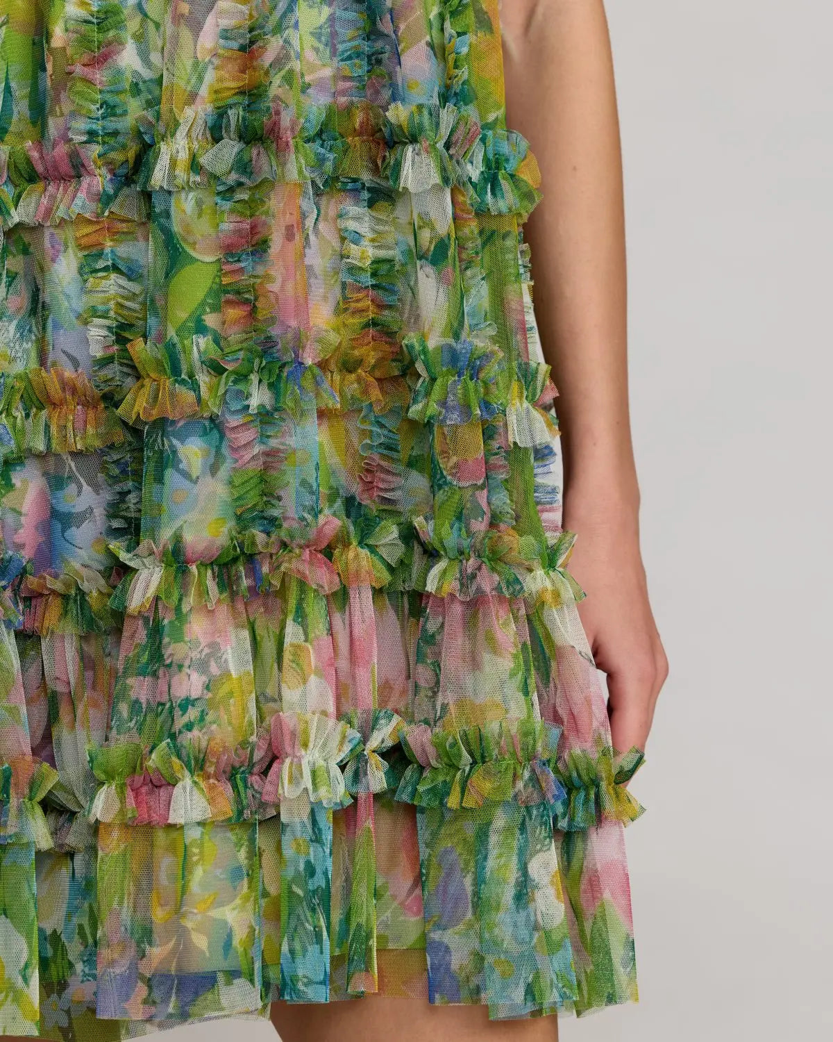Green Printed Sleeveless High Neck Ruffle Mini Dress Designer Collection