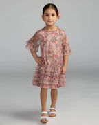 Girls Pink Floral Printed Short Sleeve Ruffle Dress - Designer Collection