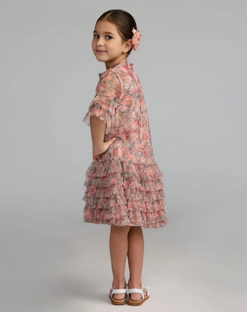 Girls Pink Floral Printed Short Sleeve Ruffle Dress - Designer Collection