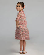 Girls Pink Floral Printed Short Sleeve Ruffle Dress - Designer Collection