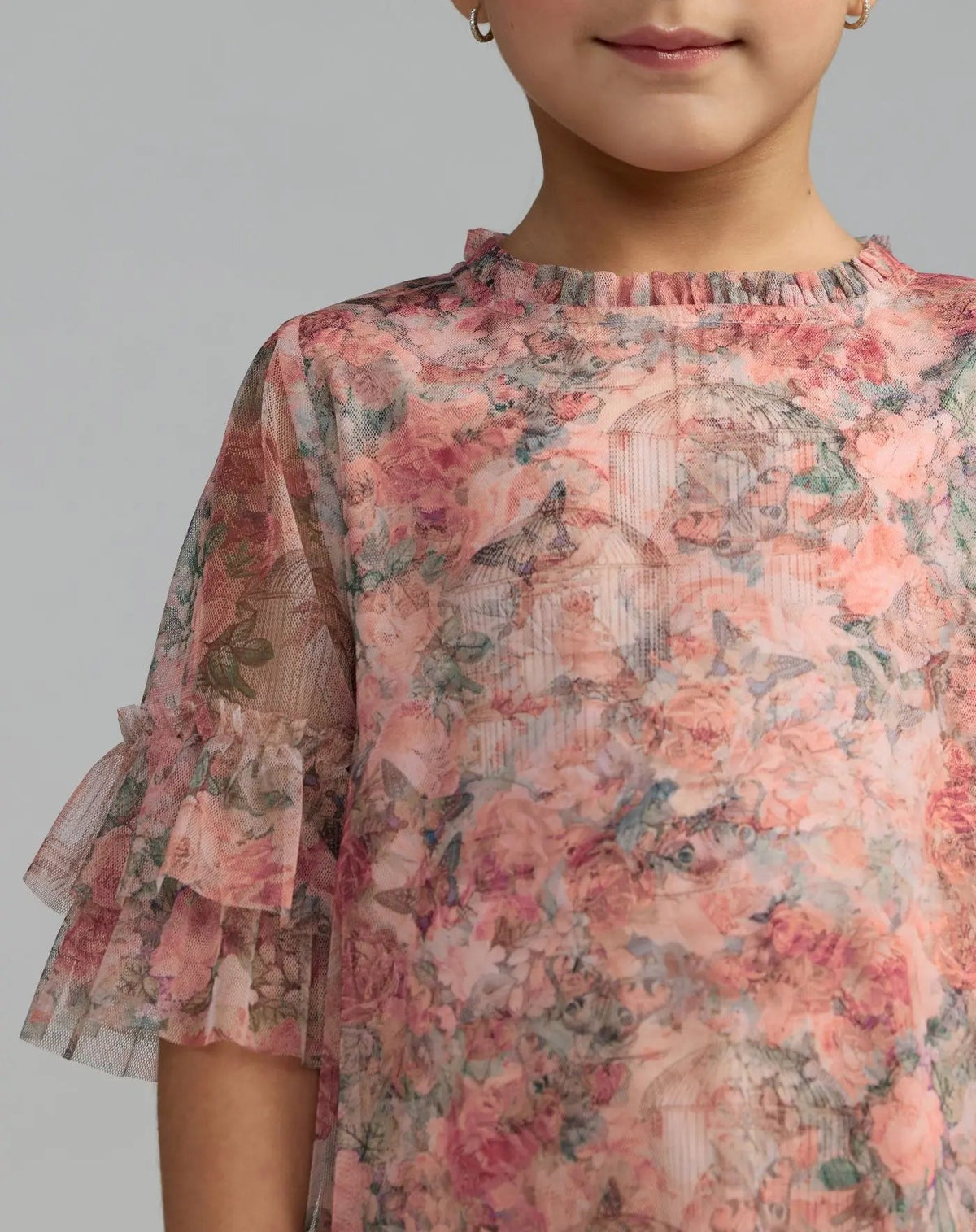 Girls Pink Floral Printed Short Sleeve Ruffle Dress - Designer Collection