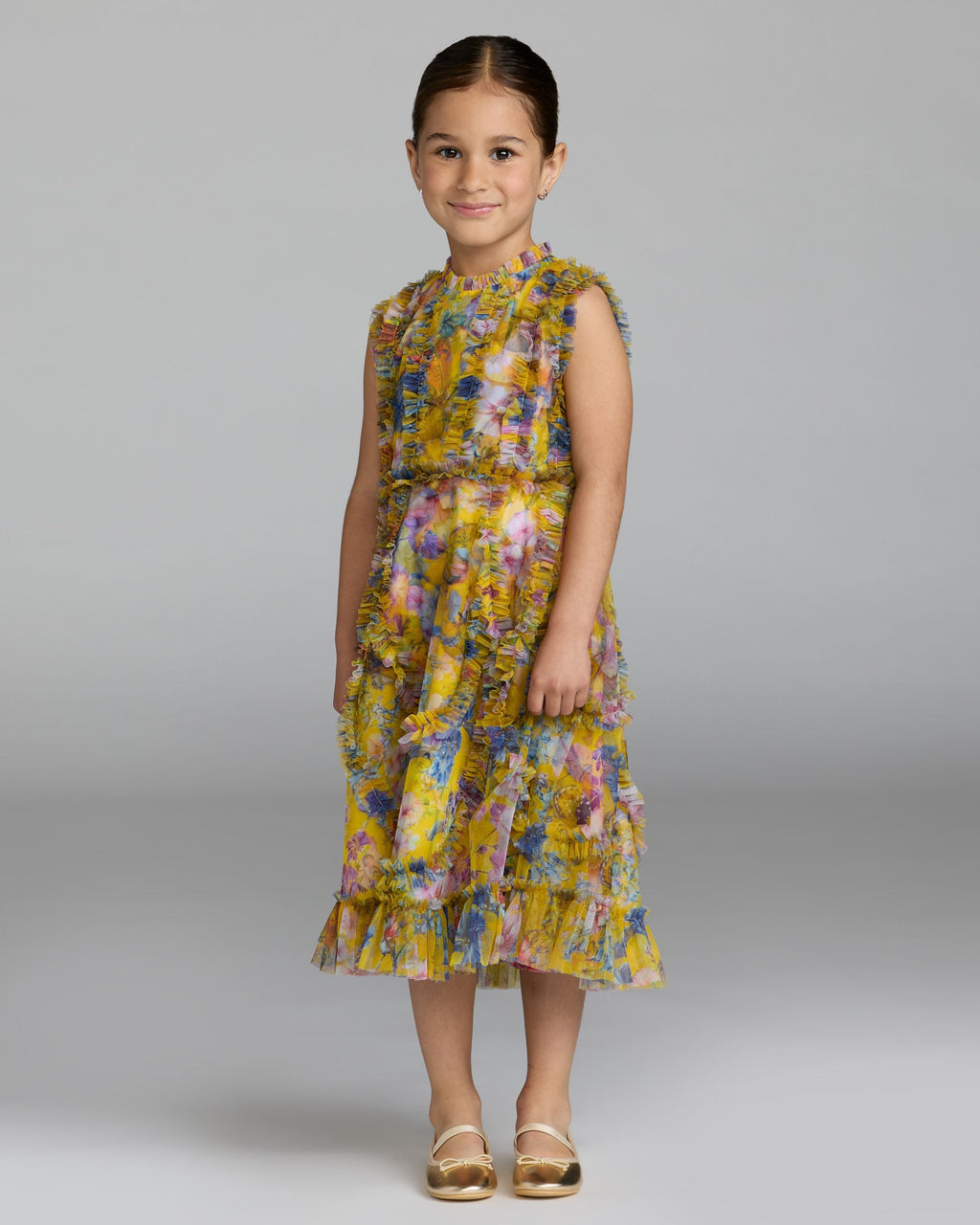 Girls Yellow Floral High Neck Ruffle Dress Designer Collection