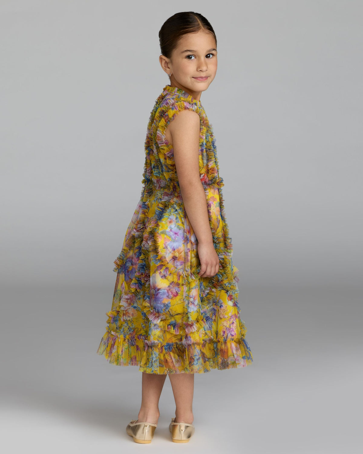 Girls Yellow Floral High Neck Ruffle Dress Designer Collection