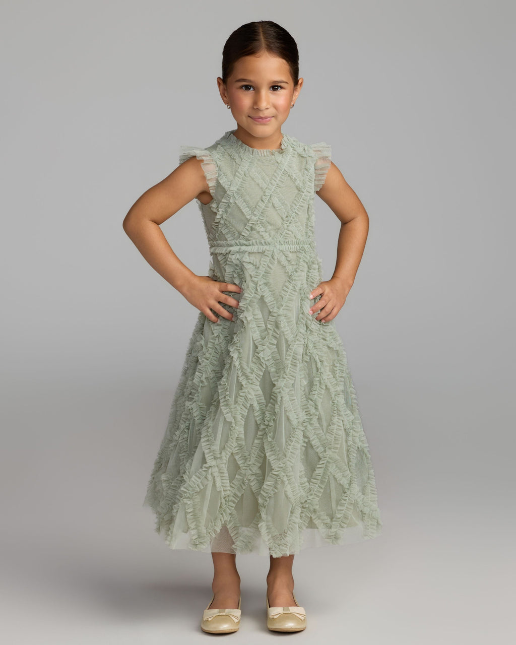 Girls Green Sleeveless Ruffle Dress Designer Collection