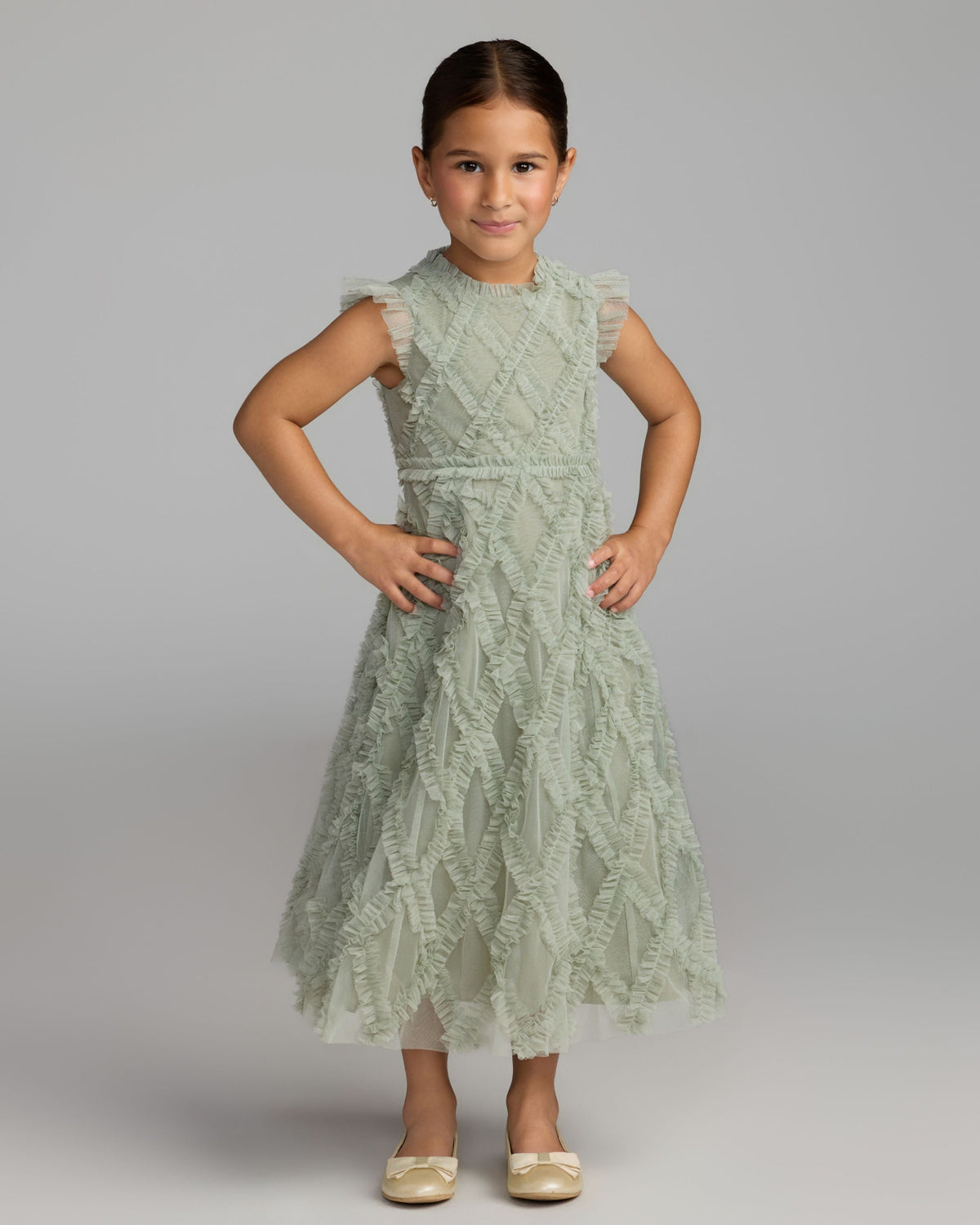 Girls Green Sleeveless Ruffle Dress Designer Collection