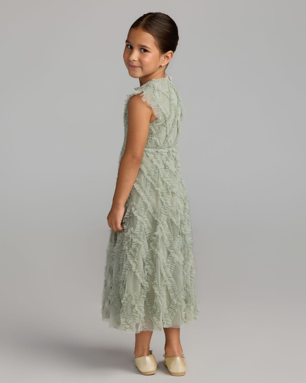 Girls Green Sleeveless Ruffle Dress Designer Collection