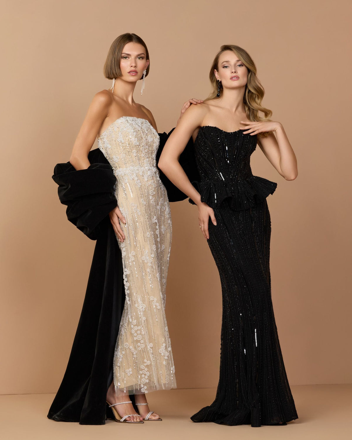 Black Strapless Embellished Peplum Gown - Designer Collection