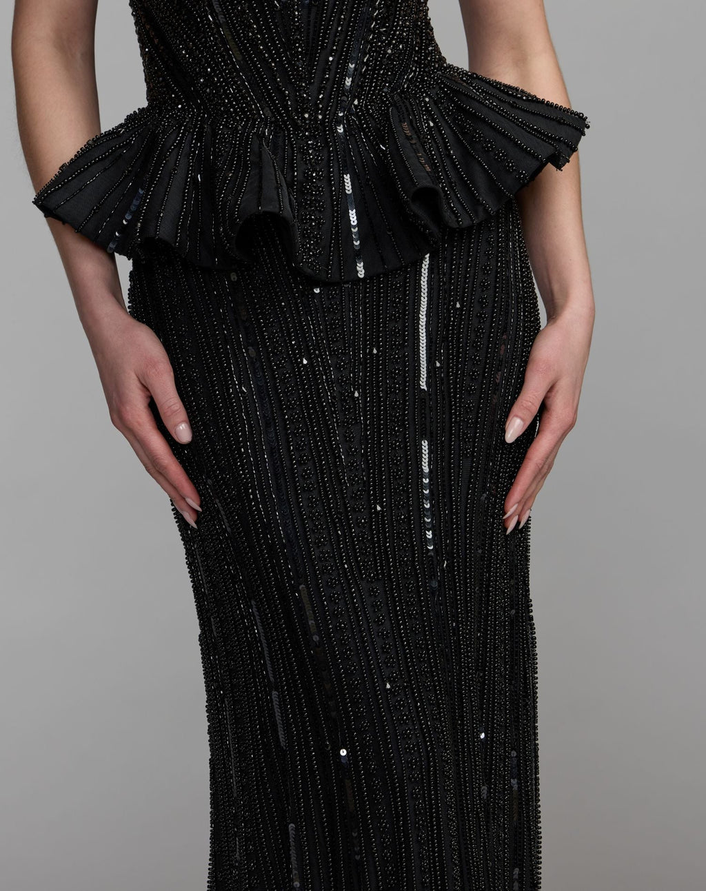 Black Strapless Embellished Peplum Gown - Designer Collection