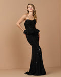 Black Strapless Embellished Peplum Gown - Designer Collection