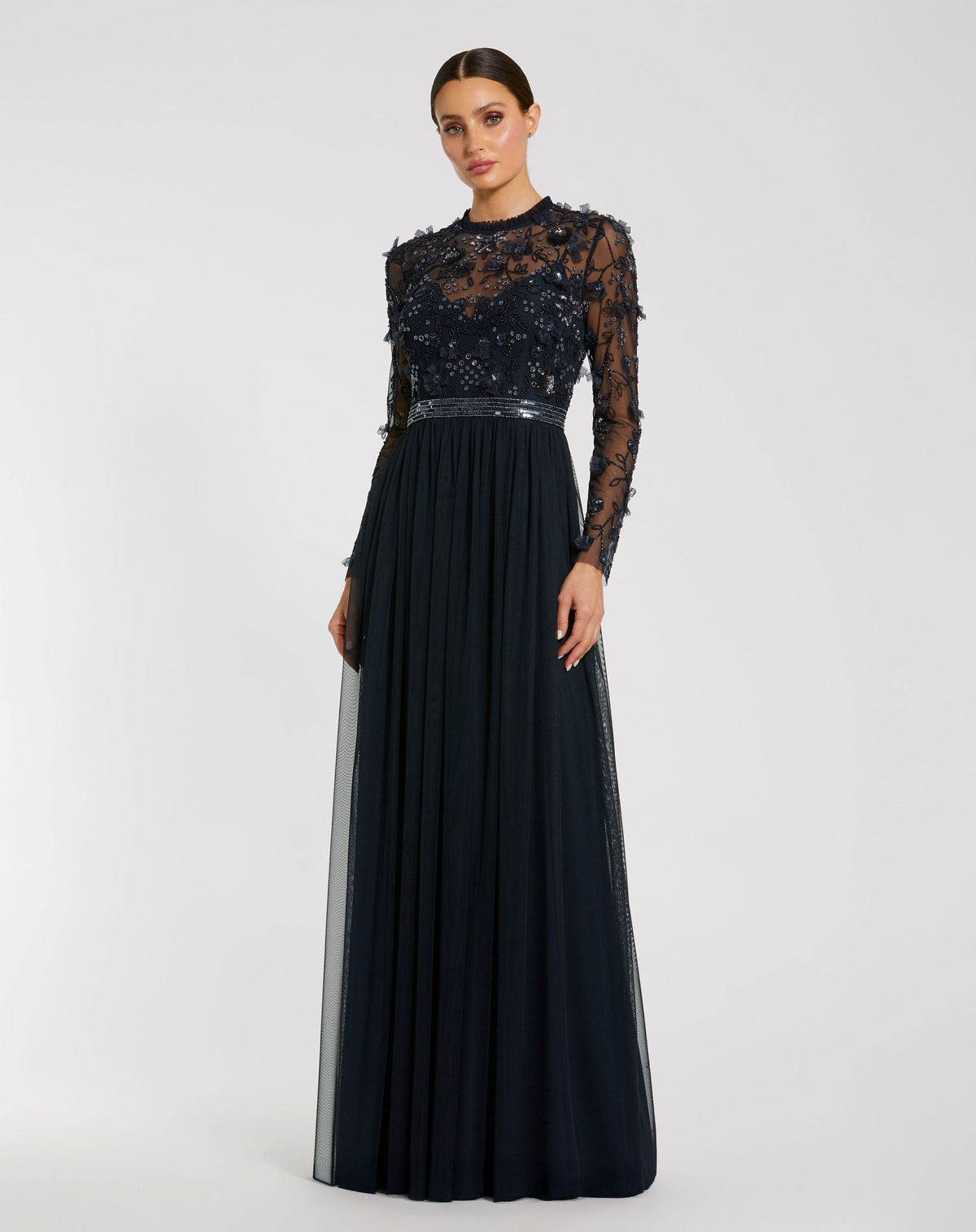 Navy Embellished Illusion High Neck Long Sleeve Gown - Designer Collection