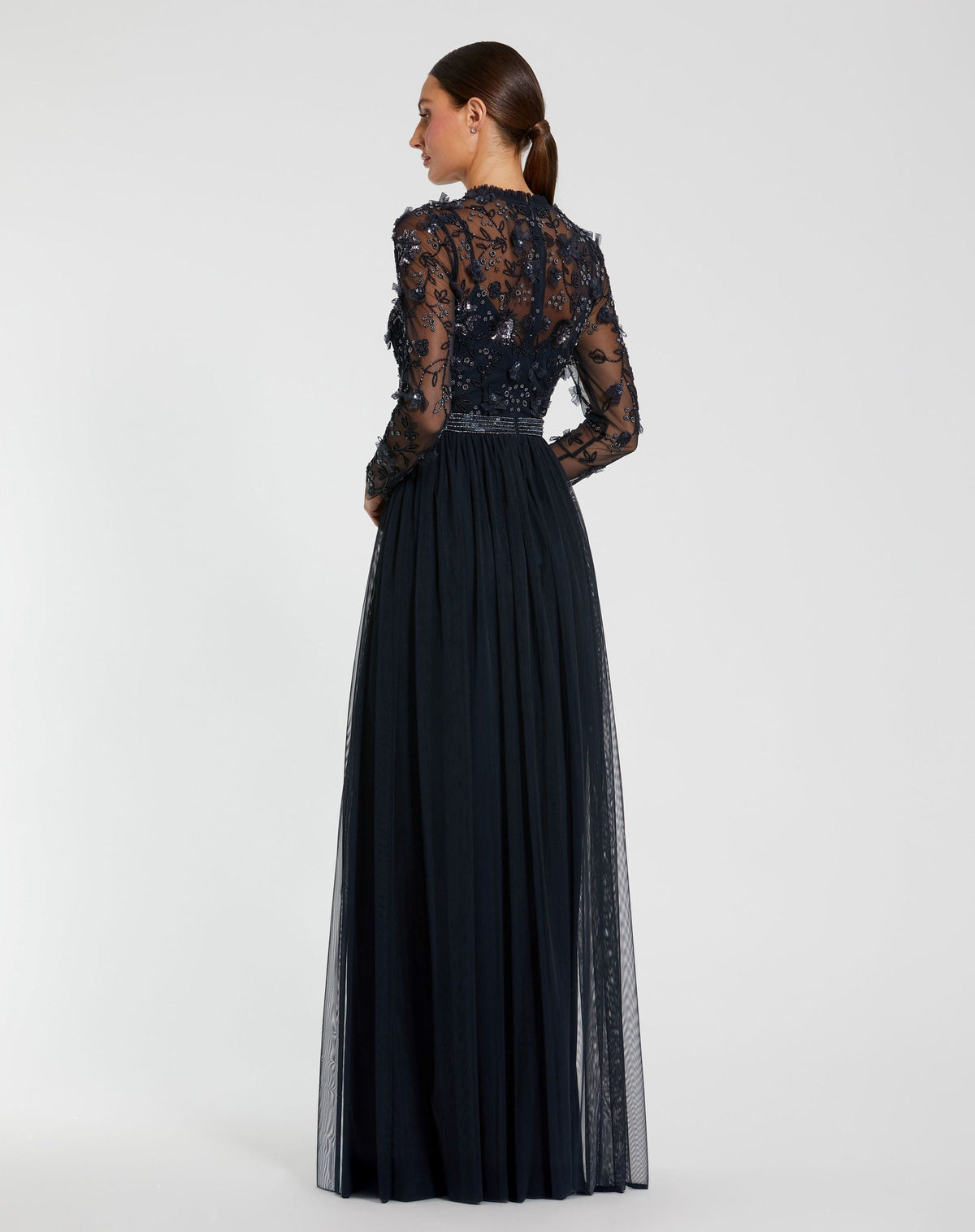 Navy Embellished Illusion High Neck Long Sleeve Gown - Designer Collection