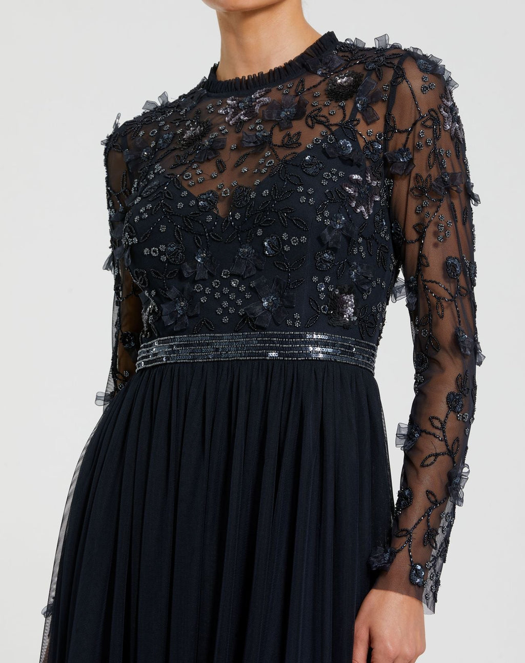 Navy Embellished Illusion High Neck Long Sleeve Gown - Designer Collection