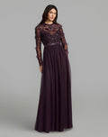Purple Embellished Illusion High Neck Long Sleeve Gown - Designer Collection