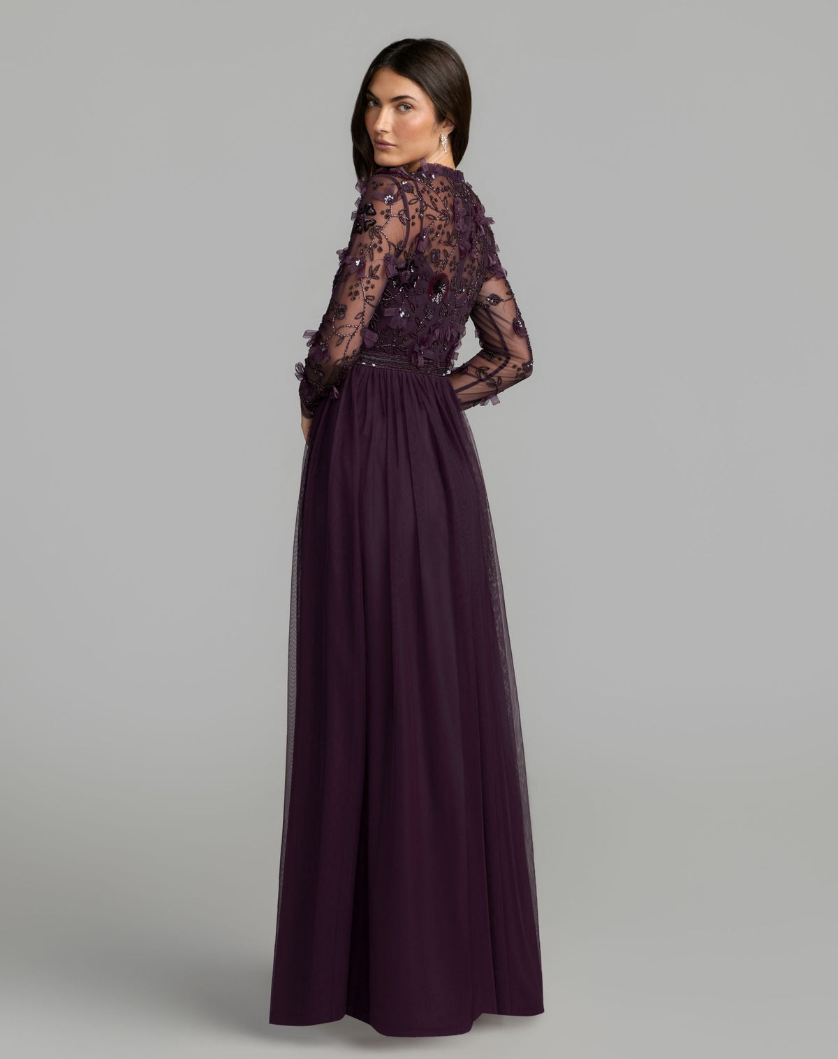 Purple Embellished Illusion High Neck Long Sleeve Gown - Designer Collection