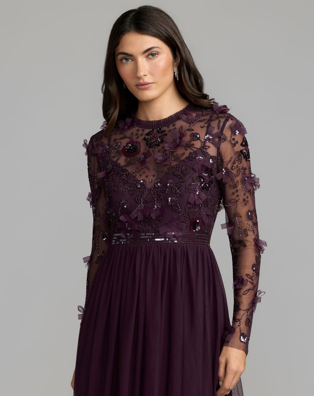 Purple Embellished Illusion High Neck Long Sleeve Gown - Designer Collection