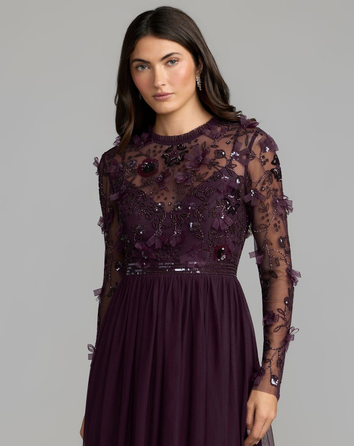 Purple Embellished Illusion High Neck Long Sleeve Gown - Designer Collection