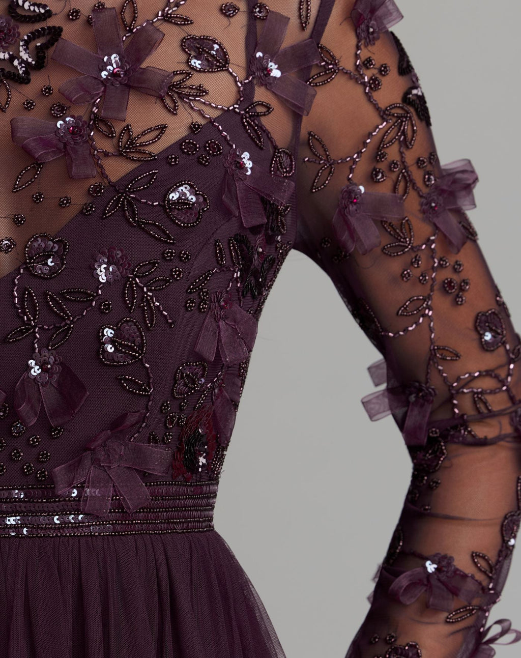Purple Embellished Illusion High Neck Long Sleeve Gown - Designer Collection