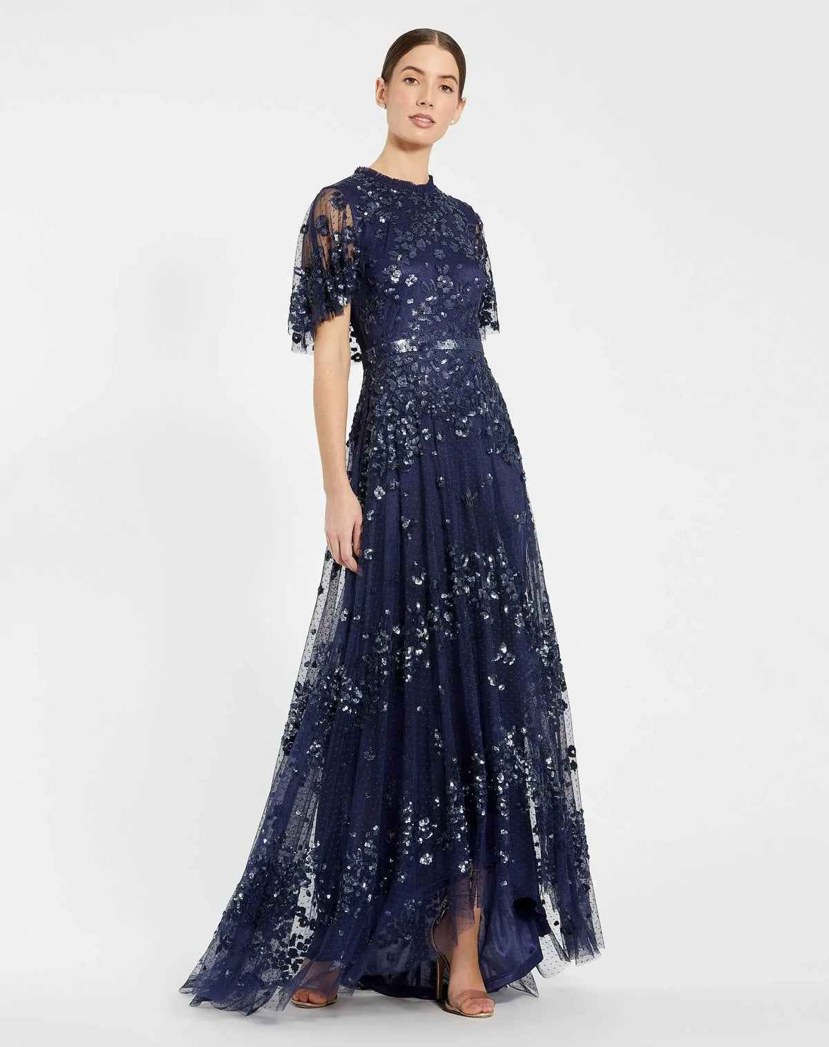 Navy Sequined High Neck Flutter Sleeve A Line Gown - Designer Collection