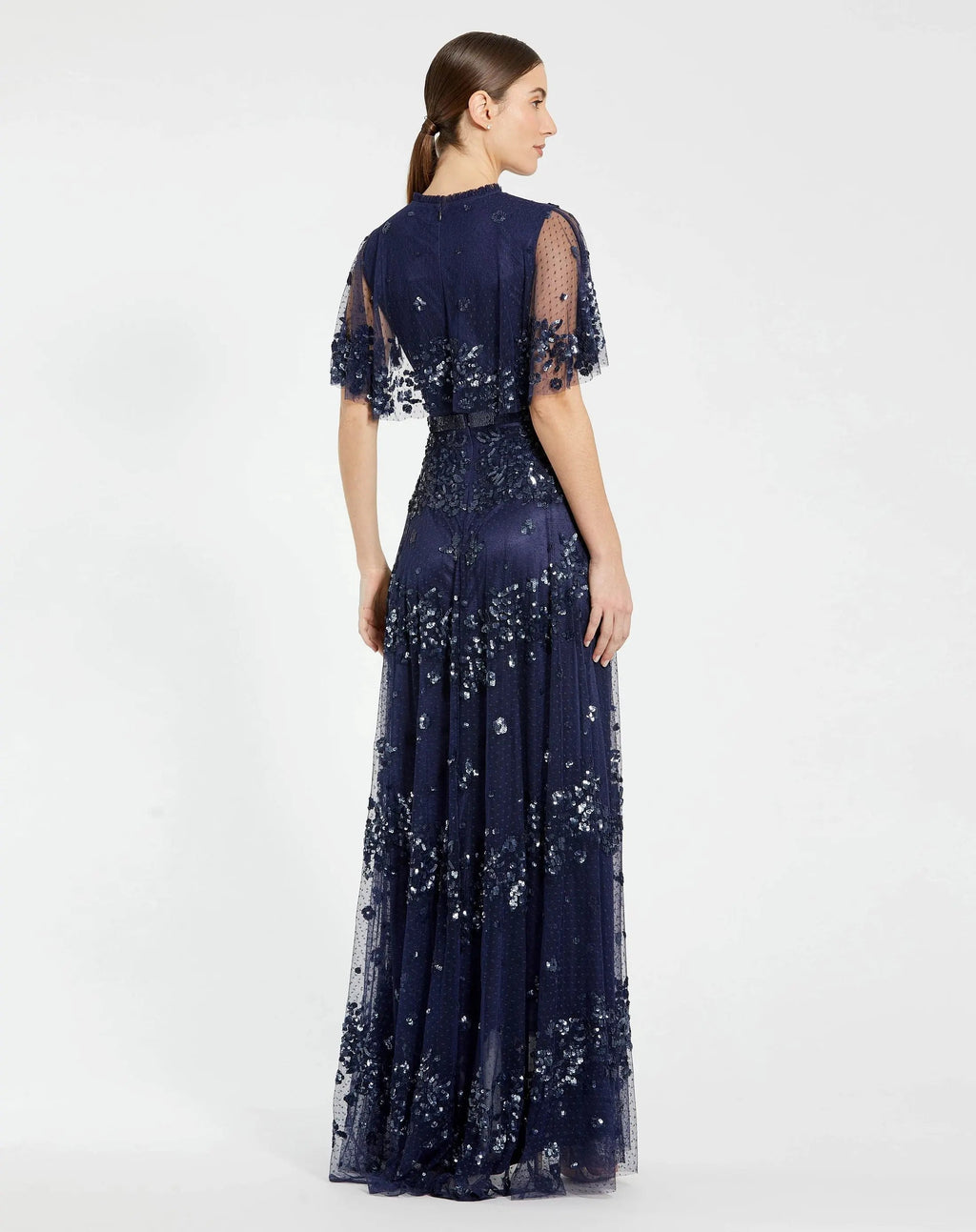Navy Sequined High Neck Flutter Sleeve A Line Gown - Designer Collection