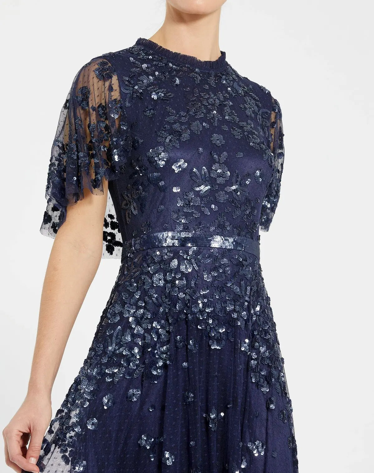 Navy Sequined High Neck Flutter Sleeve A Line Gown - Designer Collection