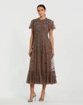 Brown Embellished High Neck Flutter Sleeve A Line Dress - Designer Collection