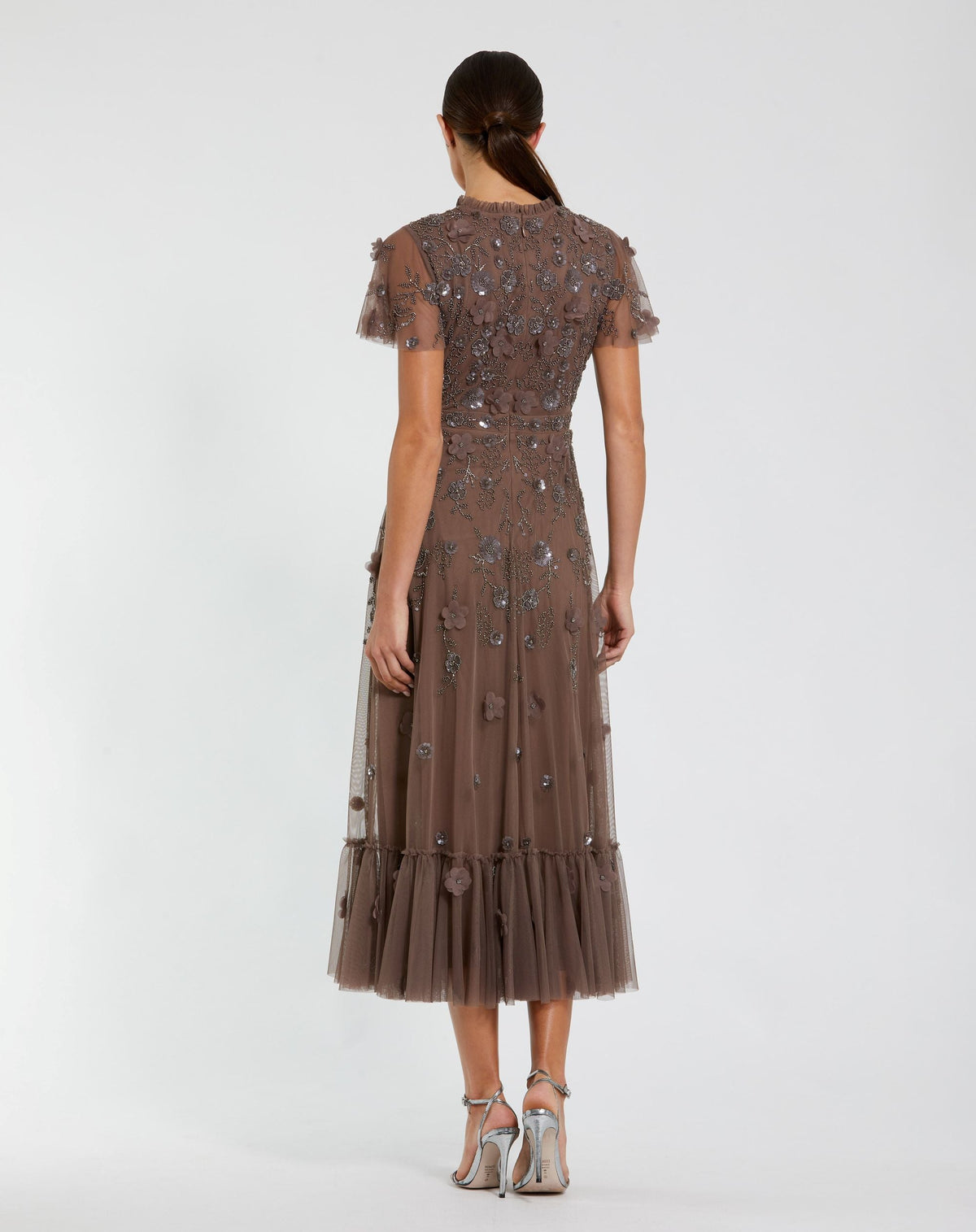 Brown Embellished High Neck Flutter Sleeve A Line Dress - Designer Collection