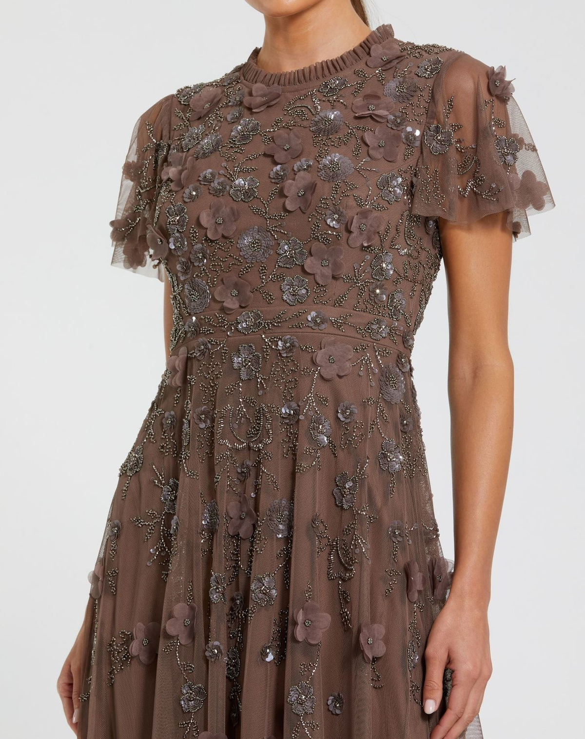 Brown Embellished High Neck Flutter Sleeve A Line Dress - Designer Collection