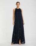 Navy High Neck Floral Embellished Trapeze Gown - Designer Collection