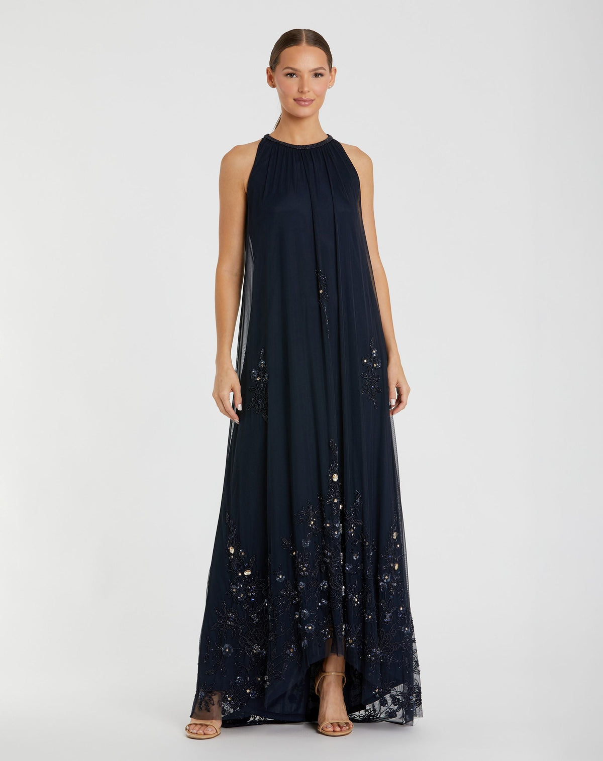 Navy High Neck Floral Embellished Trapeze Gown - Designer Collection