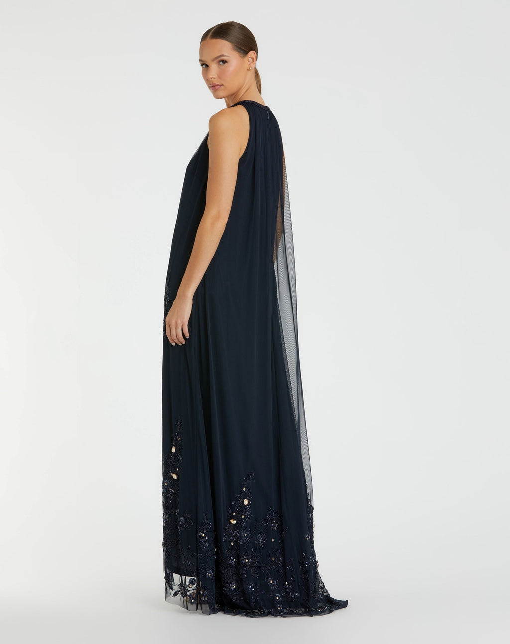 Navy High Neck Floral Embellished Trapeze Gown - Designer Collection